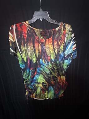 French Blue Woman Colorful Feather Print Beaded Short Sleeve Blouse 1X